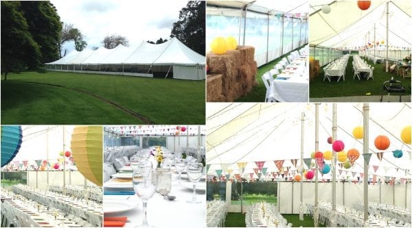 bright coloured lantens and bunting throughout marquee for corporate function