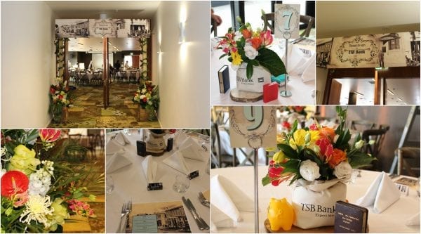 bright table arrangements with a banking theme